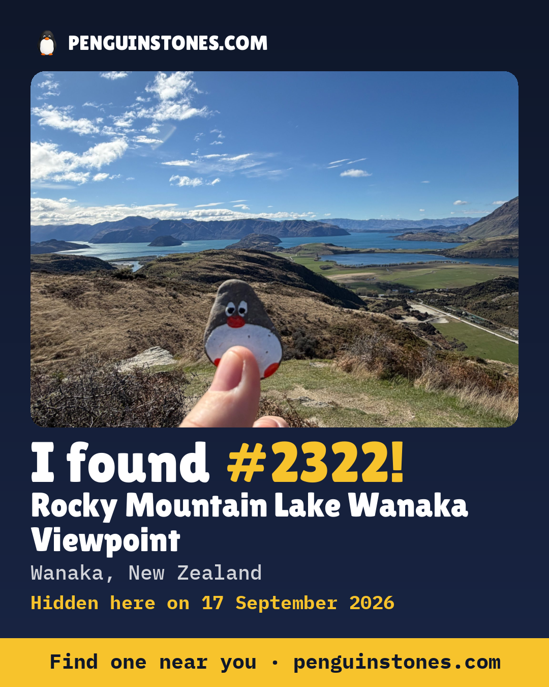 Obrázok s nápisom „I found #2322“: fotka kameňa, kde je a ako ďaleko docestoval