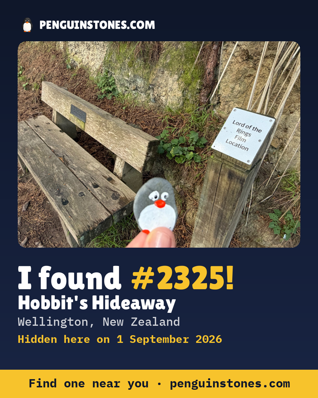 Obrázok s nápisom „I found #2325“: fotka kameňa, kde je a ako ďaleko docestoval