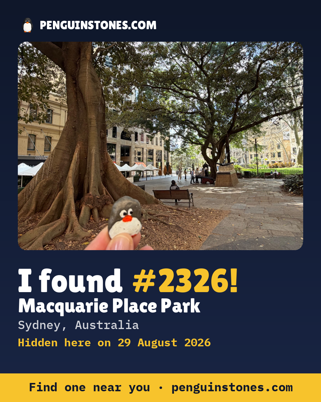 Obrázok s nápisom „I found #2326“: fotka kameňa, kde je a ako ďaleko docestoval