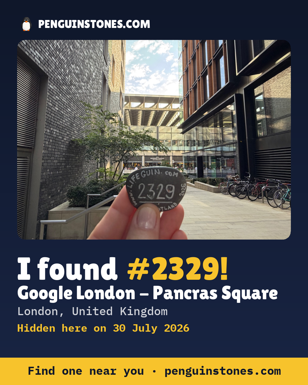 Obrázok s nápisom „I found #2329“: fotka kameňa, kde je a ako ďaleko docestoval