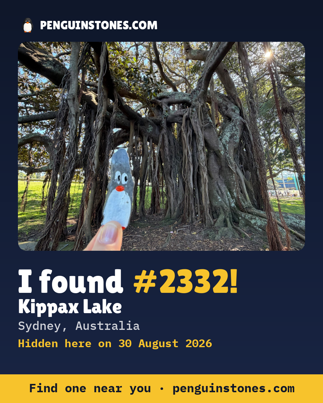 Obrázok s nápisom „I found #2332“: fotka kameňa, kde je a ako ďaleko docestoval