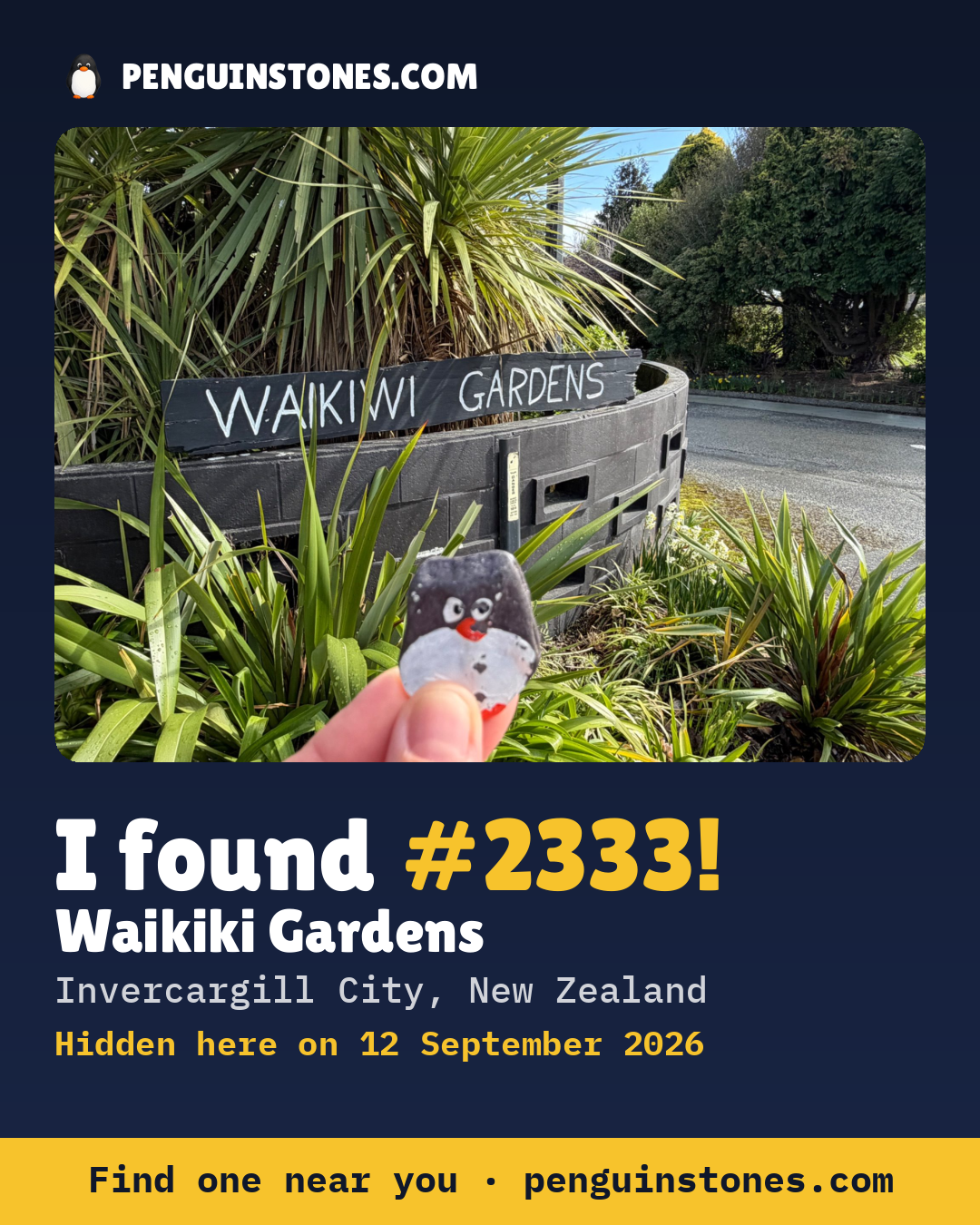 Obrázok s nápisom „I found #2333“: fotka kameňa, kde je a ako ďaleko docestoval