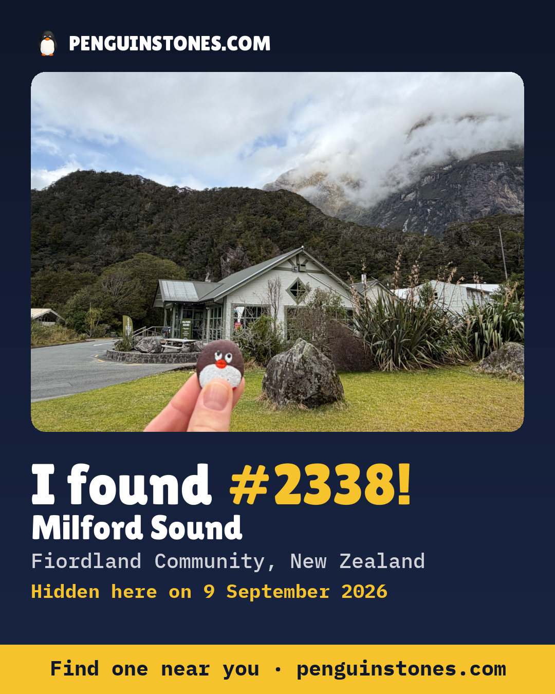 Obrázok s nápisom „I found #2338“: fotka kameňa, kde je a ako ďaleko docestoval