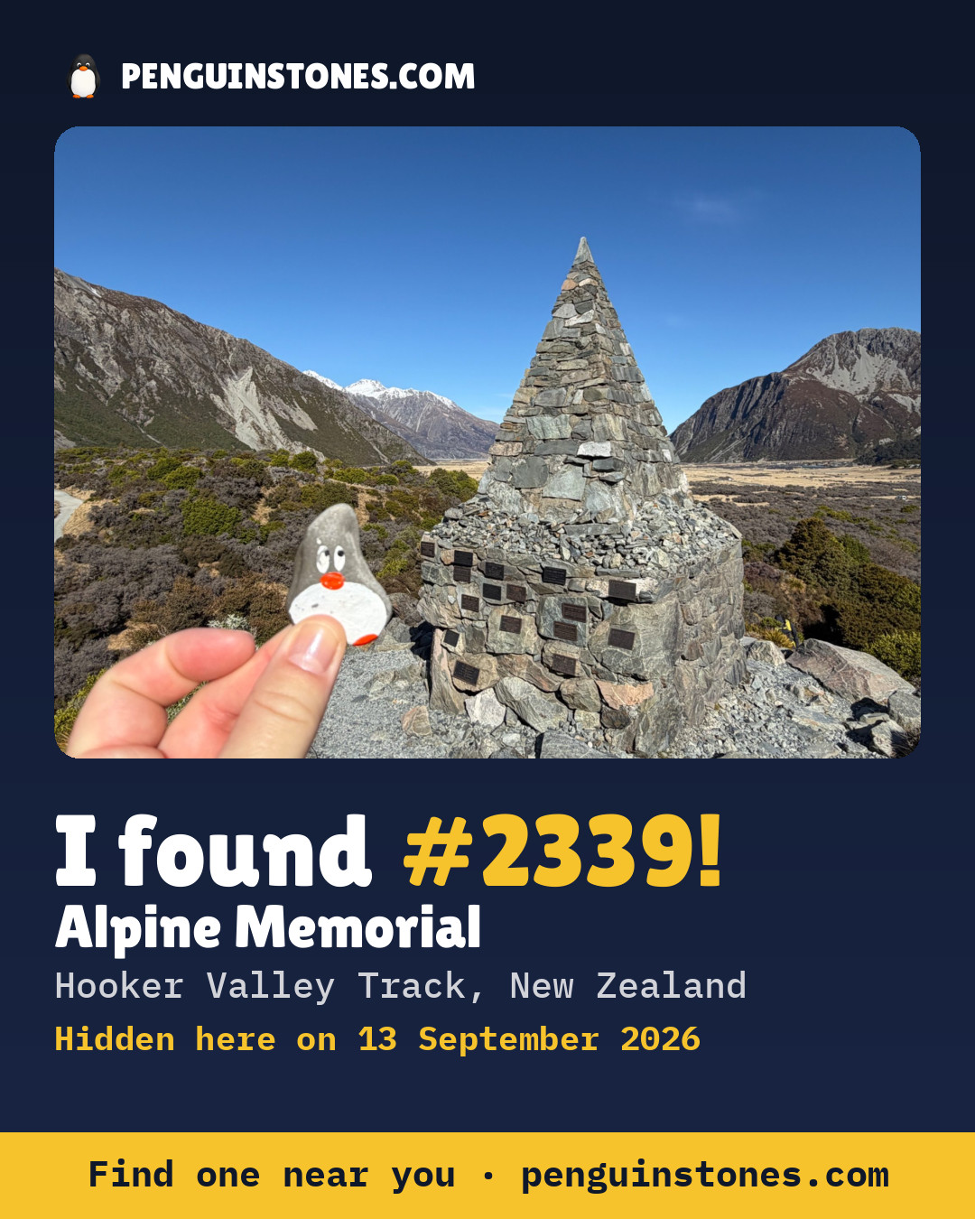 Obrázok s nápisom „I found #2339“: fotka kameňa, kde je a ako ďaleko docestoval