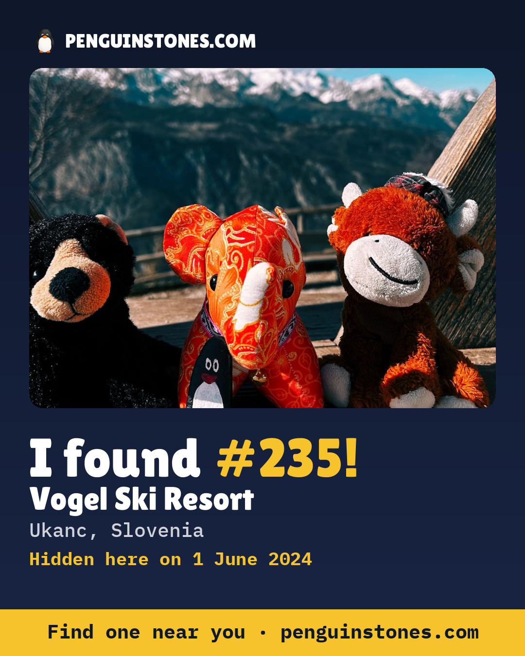 Obrázok s nápisom „I found #235“: fotka kameňa, kde je a ako ďaleko docestoval