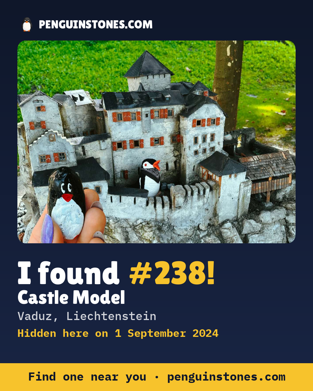 Obrázok s nápisom „I found #238“: fotka kameňa, kde je a ako ďaleko docestoval