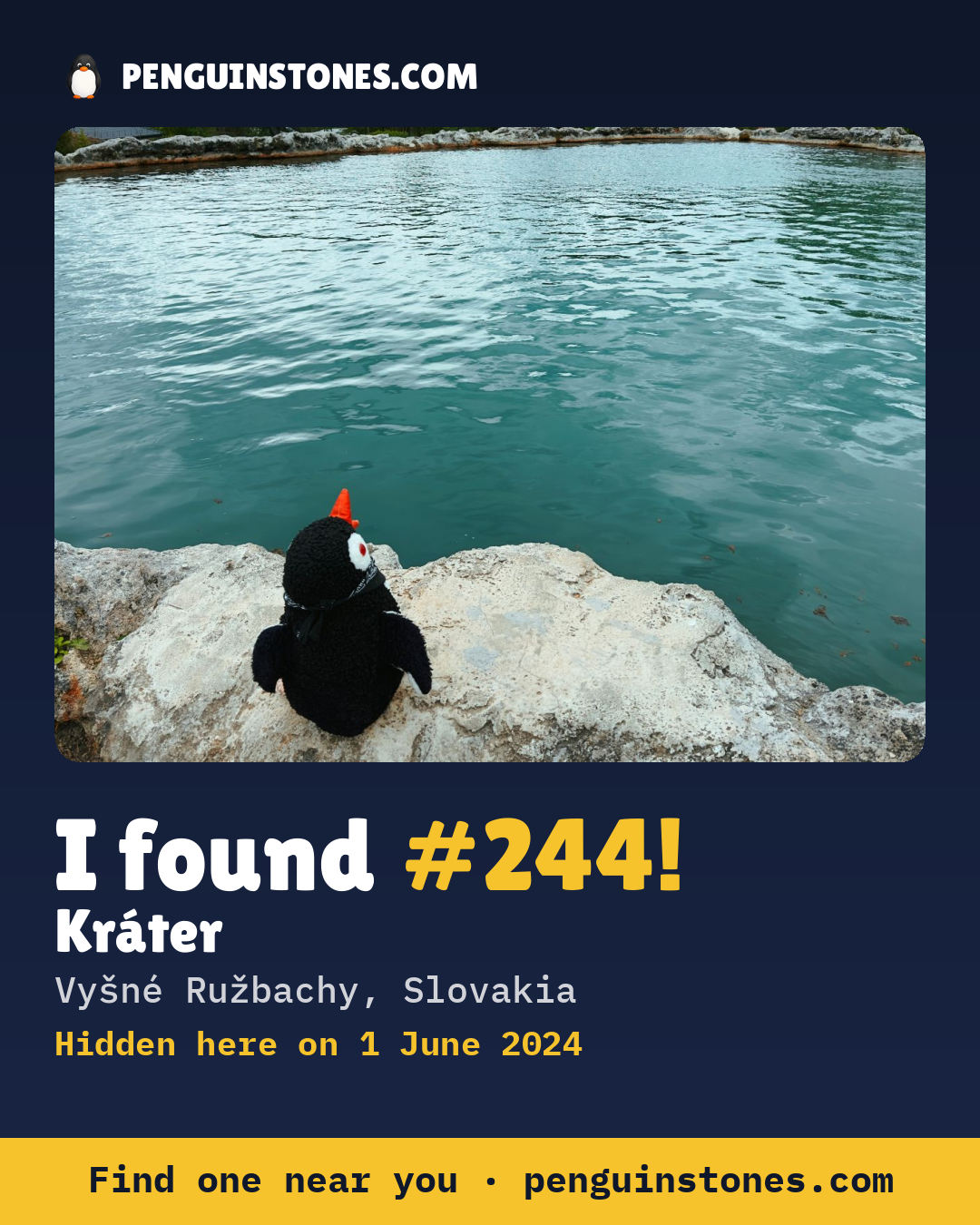 Obrázok s nápisom „I found #244“: fotka kameňa, kde je a ako ďaleko docestoval
