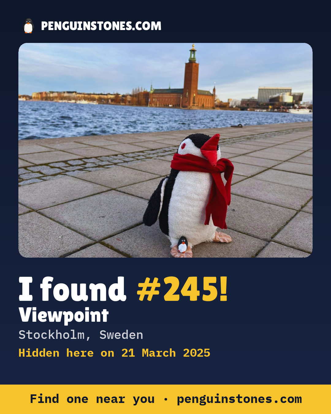 Obrázok s nápisom „I found #245“: fotka kameňa, kde je a ako ďaleko docestoval
