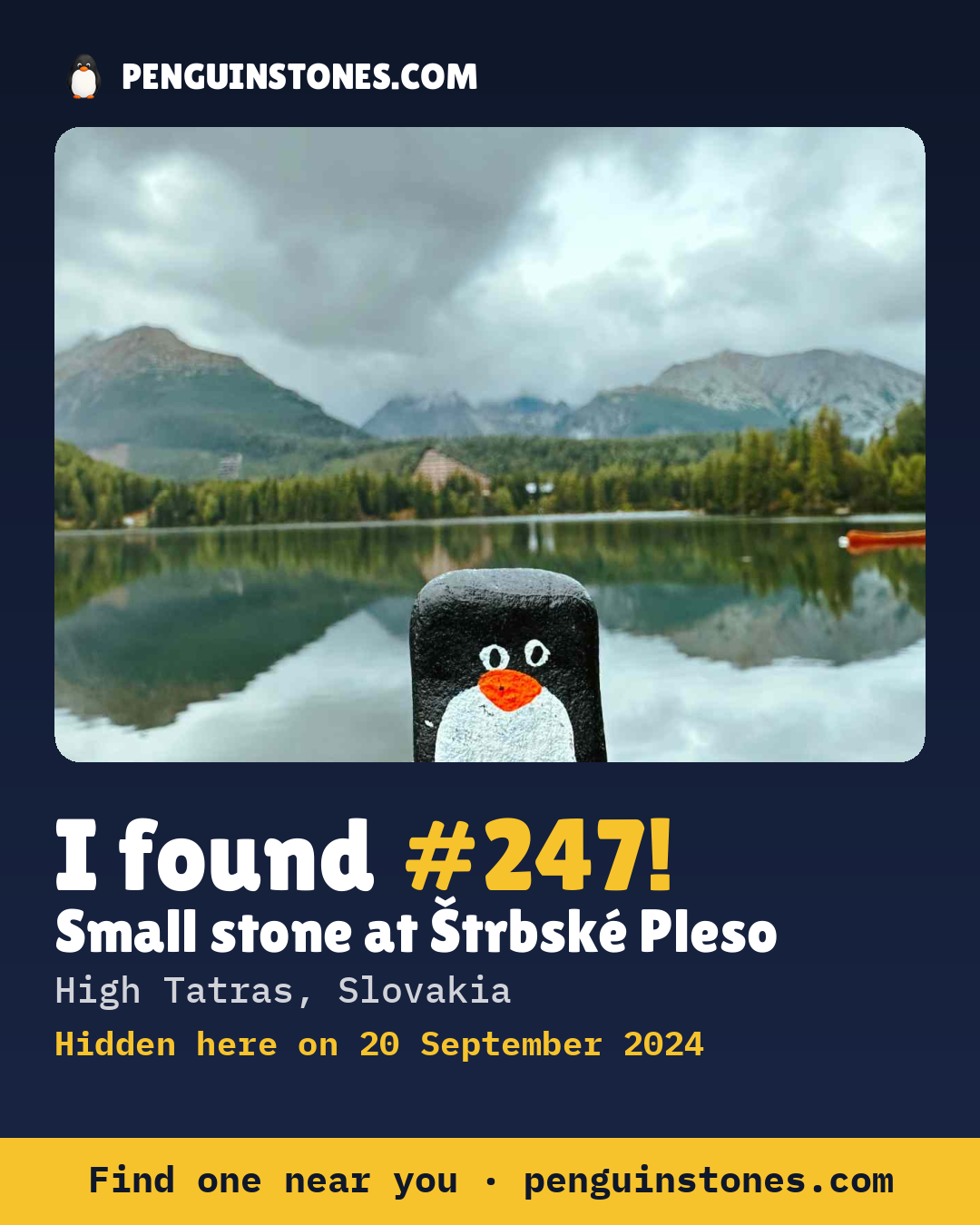 Obrázok s nápisom „I found #247“: fotka kameňa, kde je a ako ďaleko docestoval