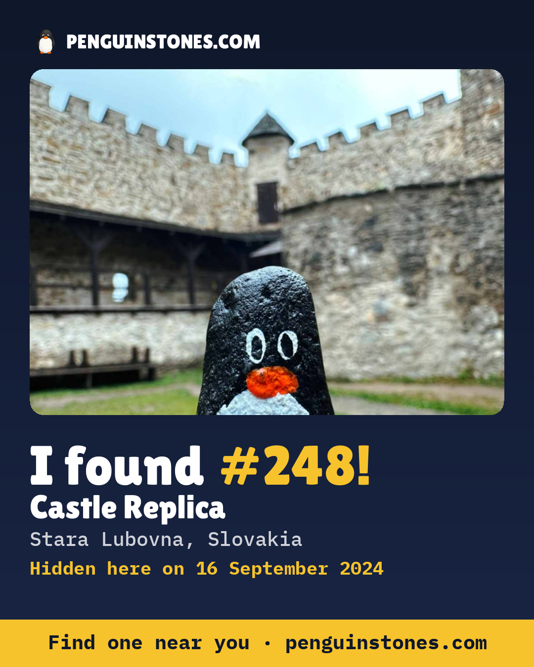 Obrázok s nápisom „I found #248“: fotka kameňa, kde je a ako ďaleko docestoval