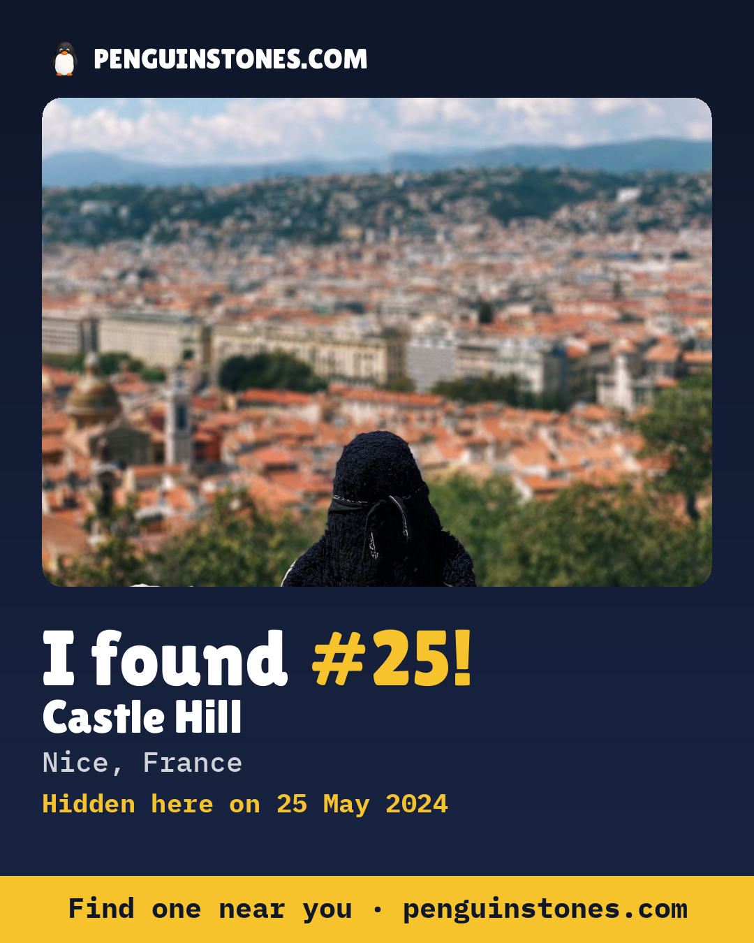 Obrázok s nápisom „I found #25“: fotka kameňa, kde je a ako ďaleko docestoval