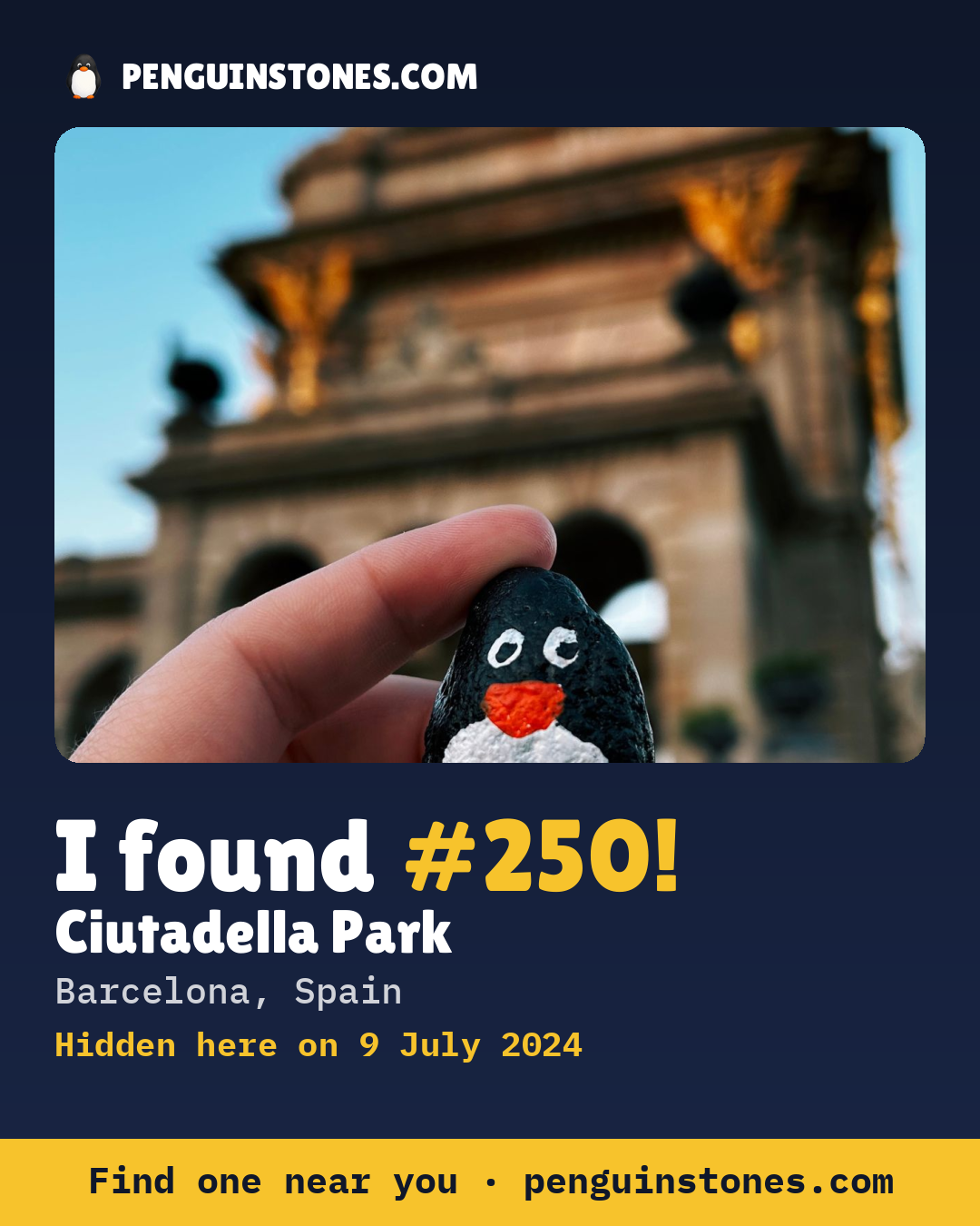 Obrázok s nápisom „I found #250“: fotka kameňa, kde je a ako ďaleko docestoval