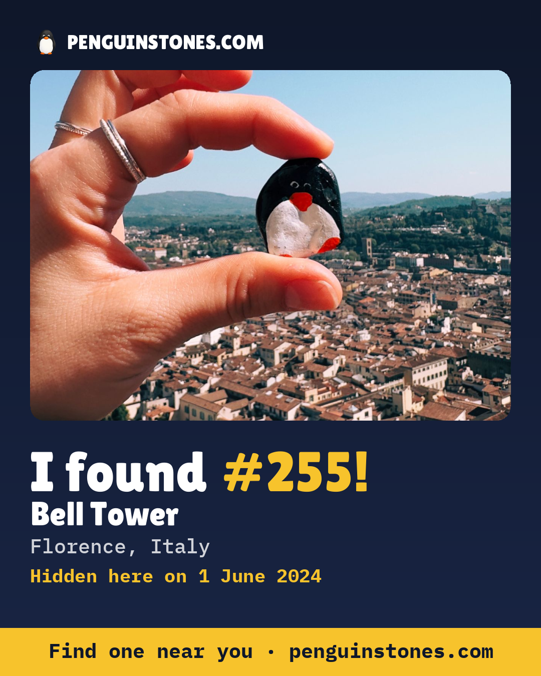 Obrázok s nápisom „I found #255“: fotka kameňa, kde je a ako ďaleko docestoval
