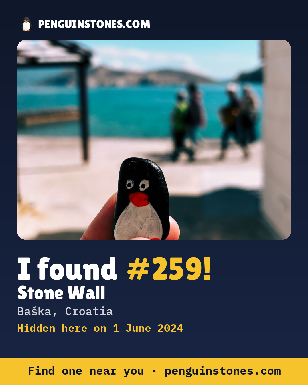 Obrázok s nápisom „I found #259“: fotka kameňa, kde je a ako ďaleko docestoval
