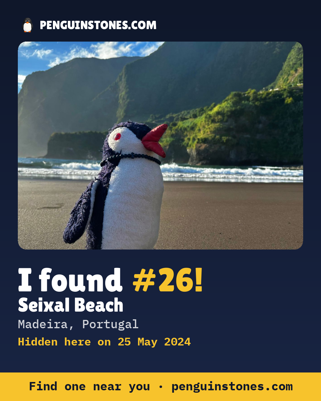 Obrázok s nápisom „I found #26“: fotka kameňa, kde je a ako ďaleko docestoval