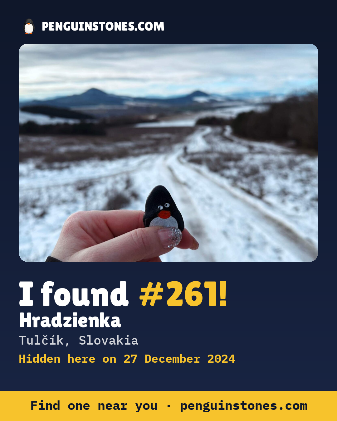 Obrázok s nápisom „I found #261“: fotka kameňa, kde je a ako ďaleko docestoval