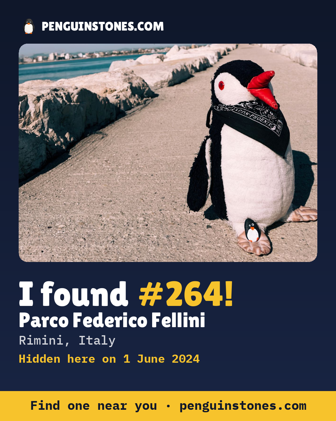 Obrázok s nápisom „I found #264“: fotka kameňa, kde je a ako ďaleko docestoval