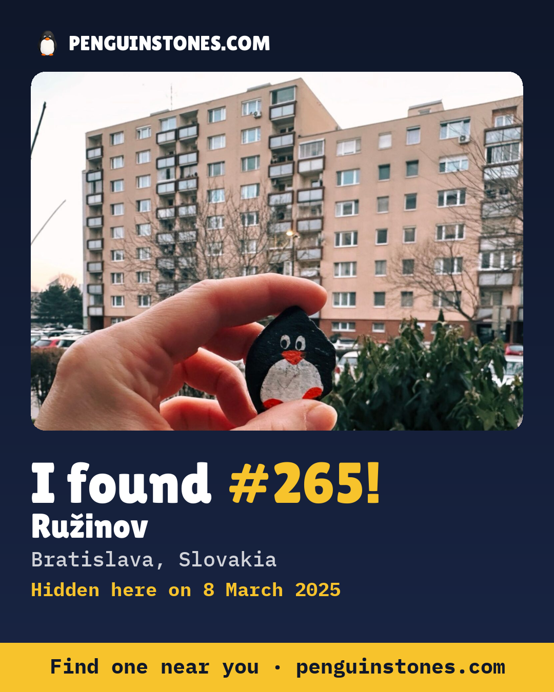 Obrázok s nápisom „I found #265“: fotka kameňa, kde je a ako ďaleko docestoval