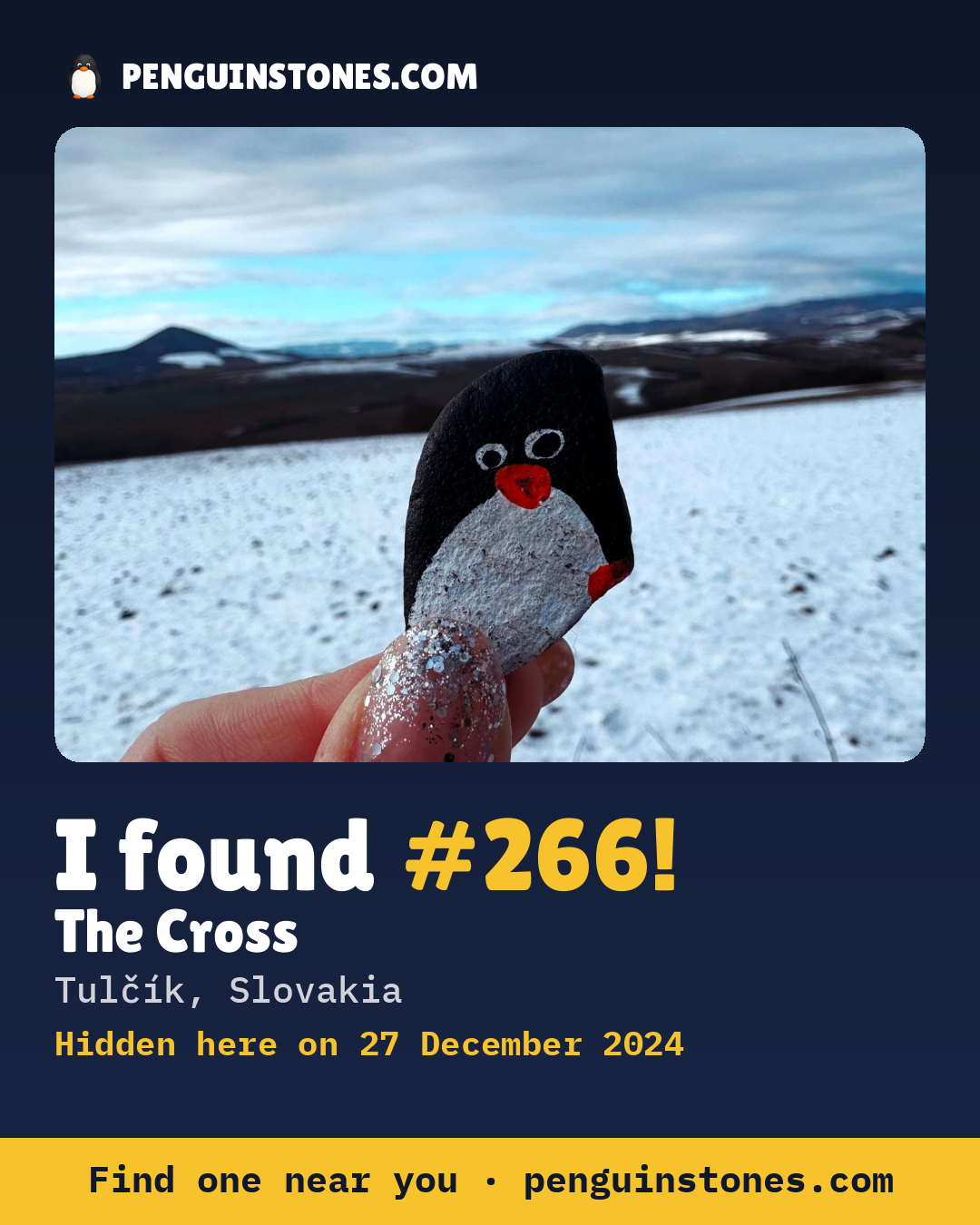 Obrázok s nápisom „I found #266“: fotka kameňa, kde je a ako ďaleko docestoval