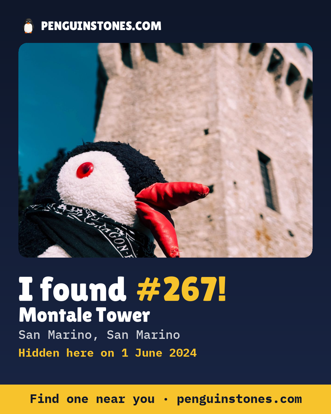 Obrázok s nápisom „I found #267“: fotka kameňa, kde je a ako ďaleko docestoval
