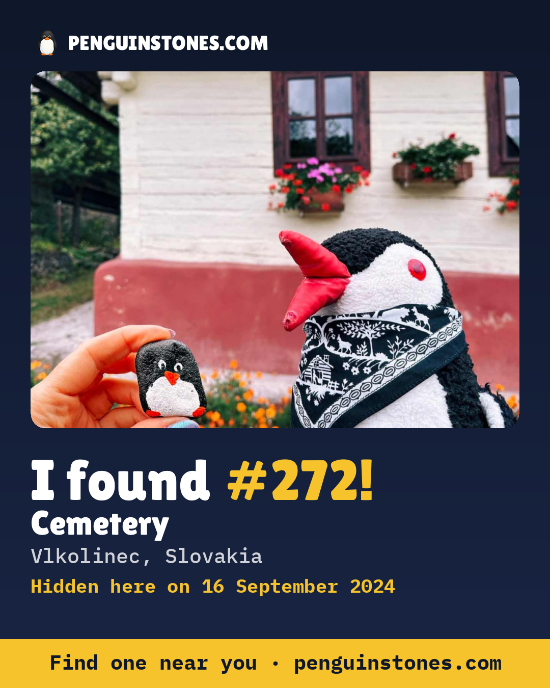 Obrázok s nápisom „I found #272“: fotka kameňa, kde je a ako ďaleko docestoval