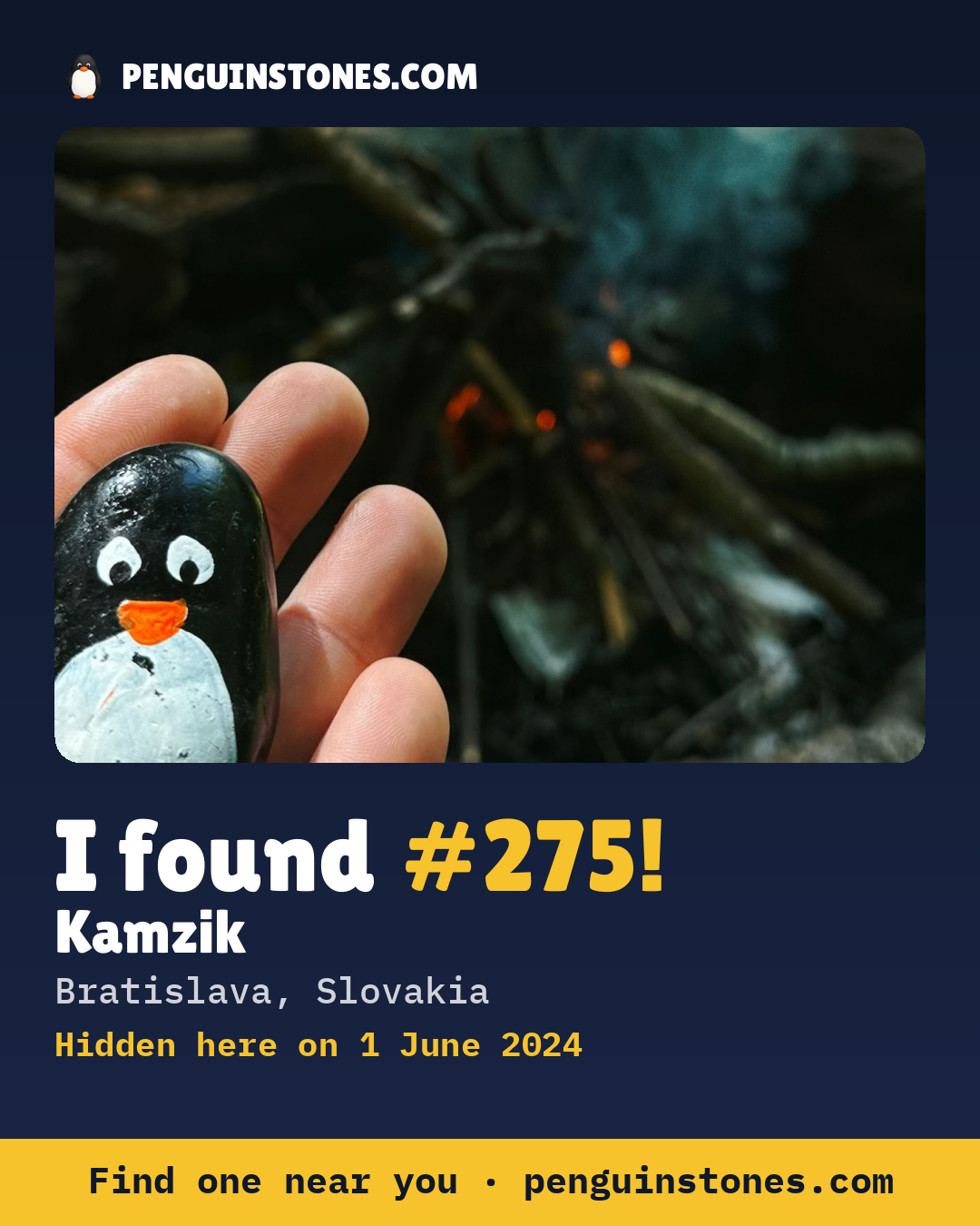 Obrázok s nápisom „I found #275“: fotka kameňa, kde je a ako ďaleko docestoval