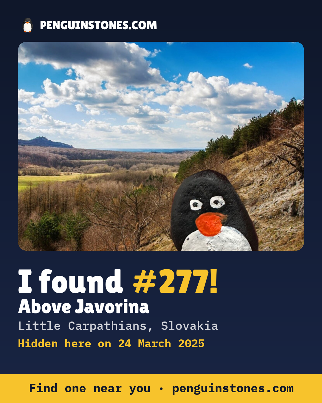 Obrázok s nápisom „I found #277“: fotka kameňa, kde je a ako ďaleko docestoval