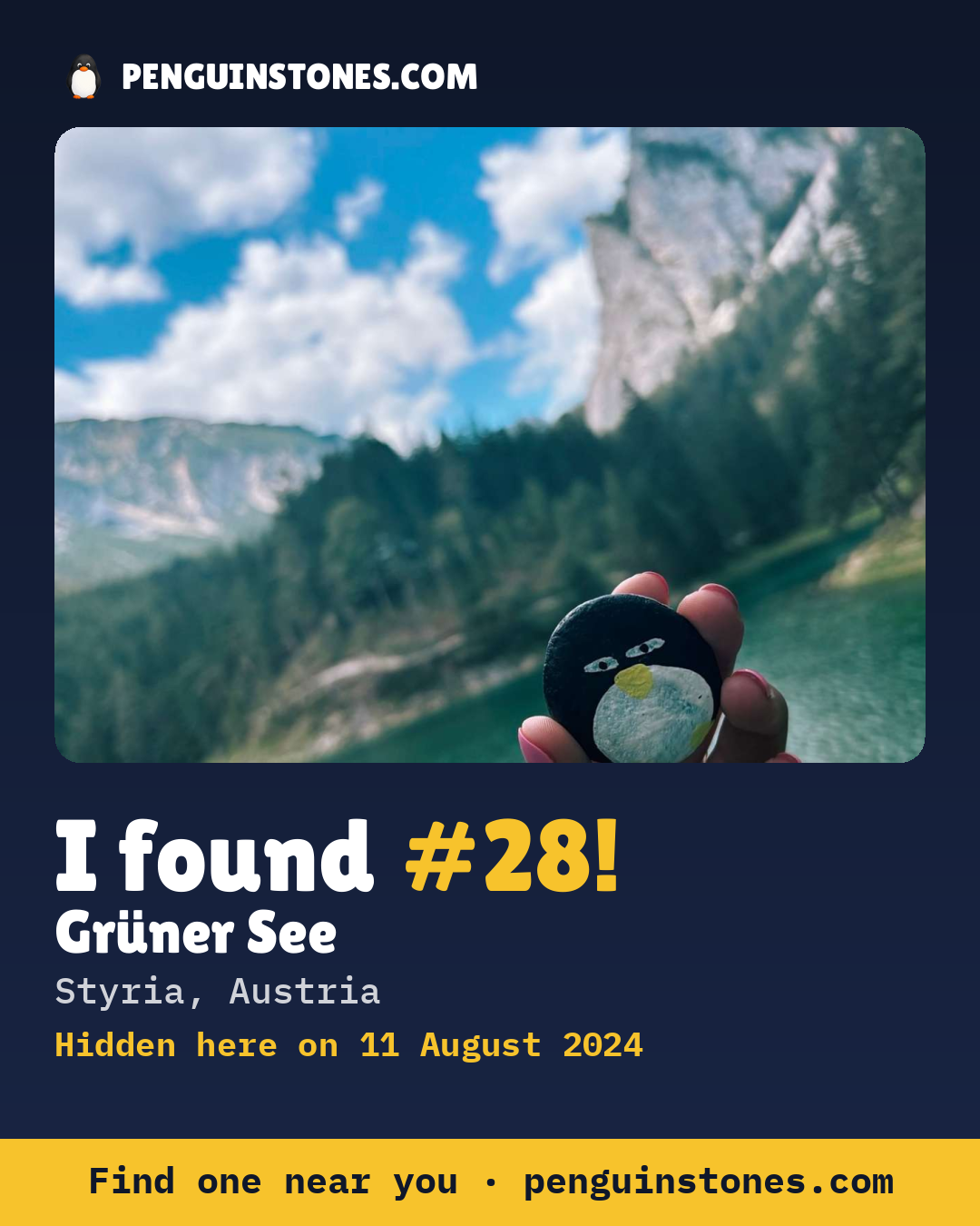 Obrázok s nápisom „I found #28“: fotka kameňa, kde je a ako ďaleko docestoval