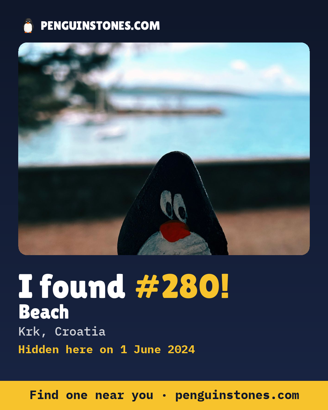 Obrázok s nápisom „I found #280“: fotka kameňa, kde je a ako ďaleko docestoval