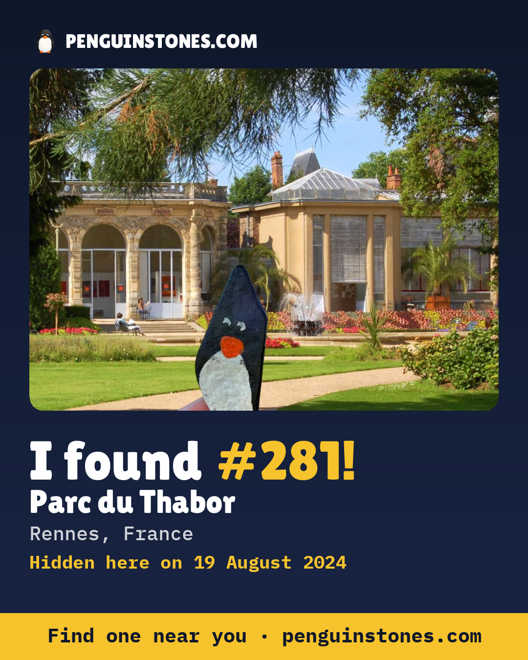 Obrázok s nápisom „I found #281“: fotka kameňa, kde je a ako ďaleko docestoval