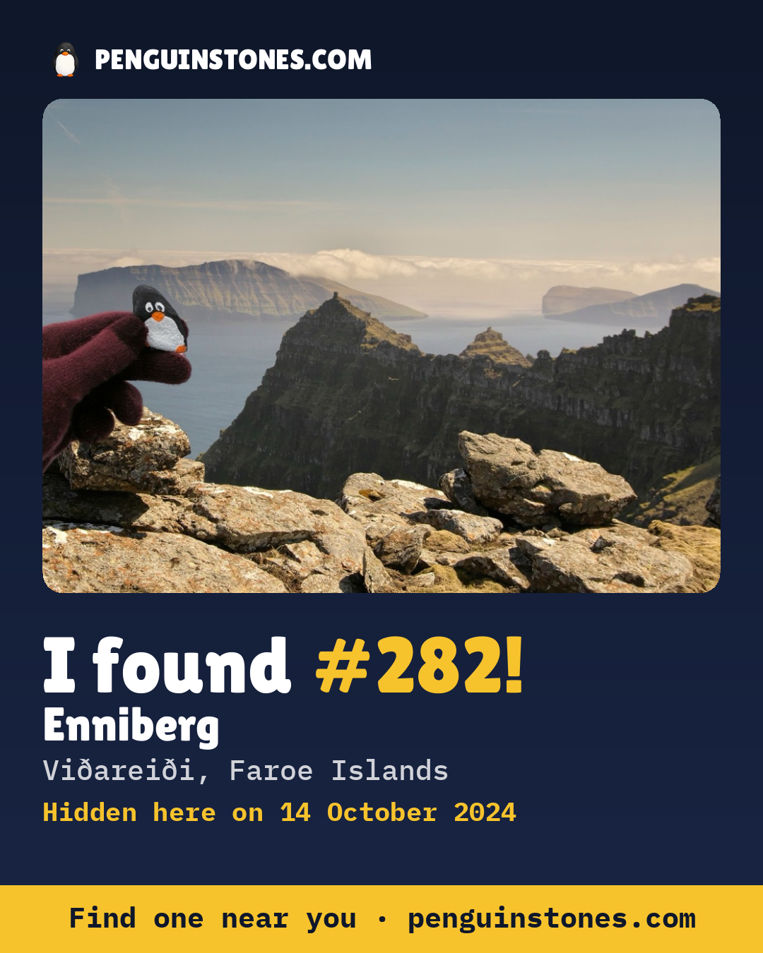 Obrázok s nápisom „I found #282“: fotka kameňa, kde je a ako ďaleko docestoval