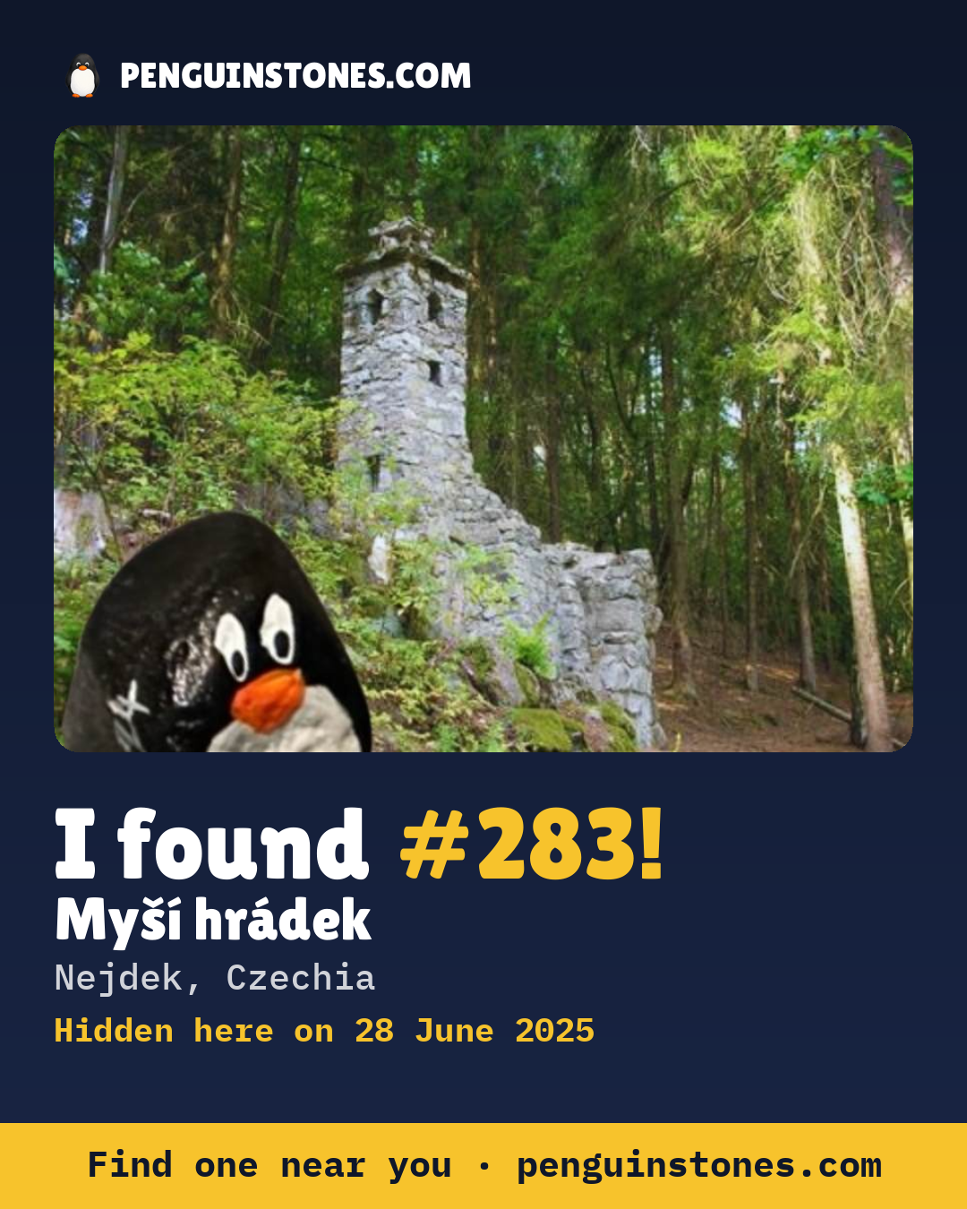 Obrázok s nápisom „I found #283“: fotka kameňa, kde je a ako ďaleko docestoval