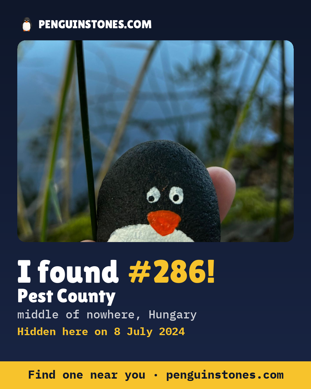 Obrázok s nápisom „I found #286“: fotka kameňa, kde je a ako ďaleko docestoval