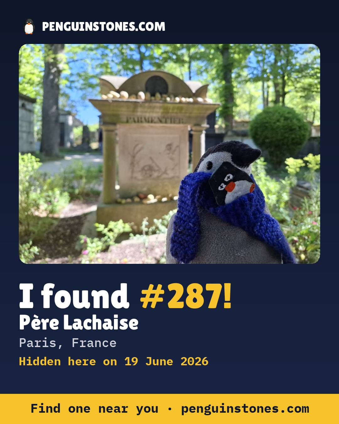 Obrázok s nápisom „I found #287“: fotka kameňa, kde je a ako ďaleko docestoval
