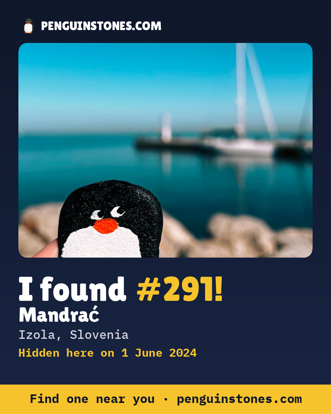 Obrázok s nápisom „I found #291“: fotka kameňa, kde je a ako ďaleko docestoval