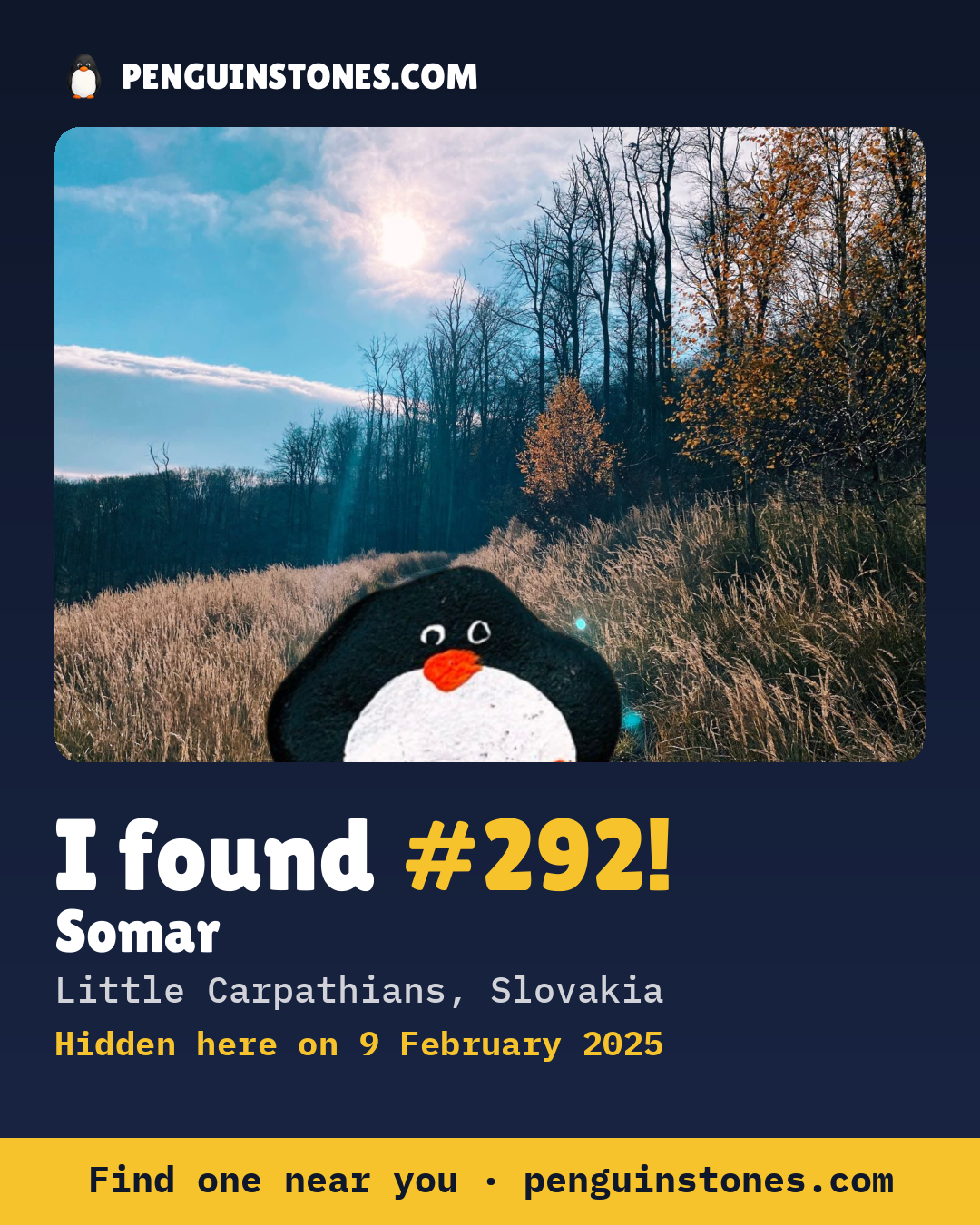 Obrázok s nápisom „I found #292“: fotka kameňa, kde je a ako ďaleko docestoval