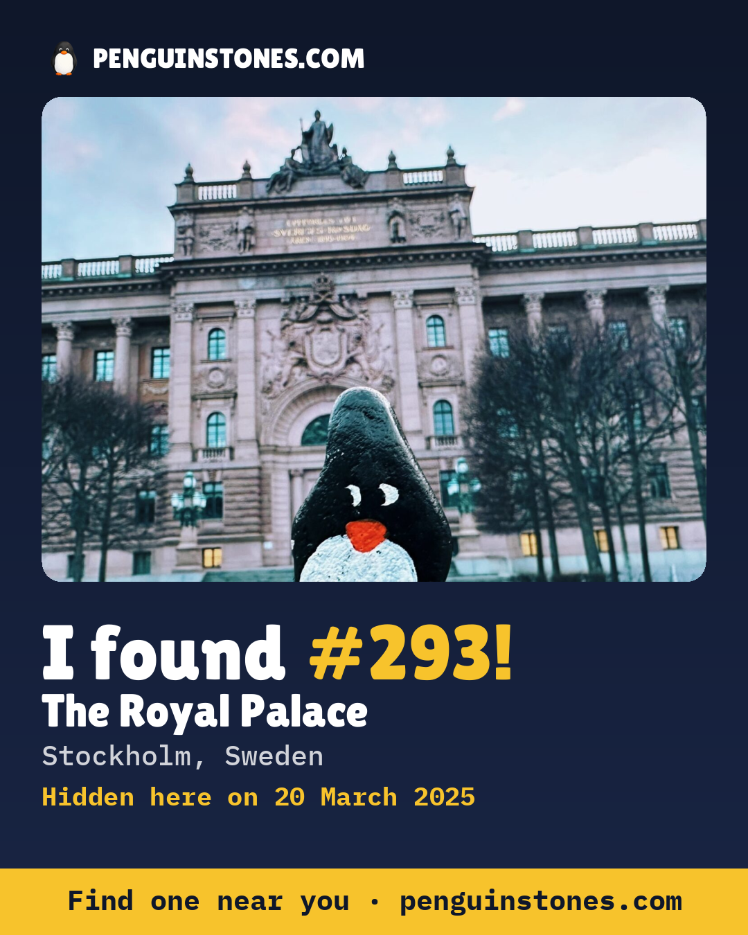 Obrázok s nápisom „I found #293“: fotka kameňa, kde je a ako ďaleko docestoval