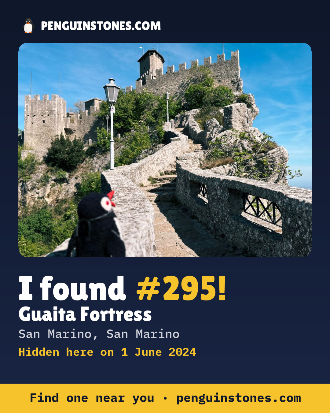 Obrázok s nápisom „I found #295“: fotka kameňa, kde je a ako ďaleko docestoval