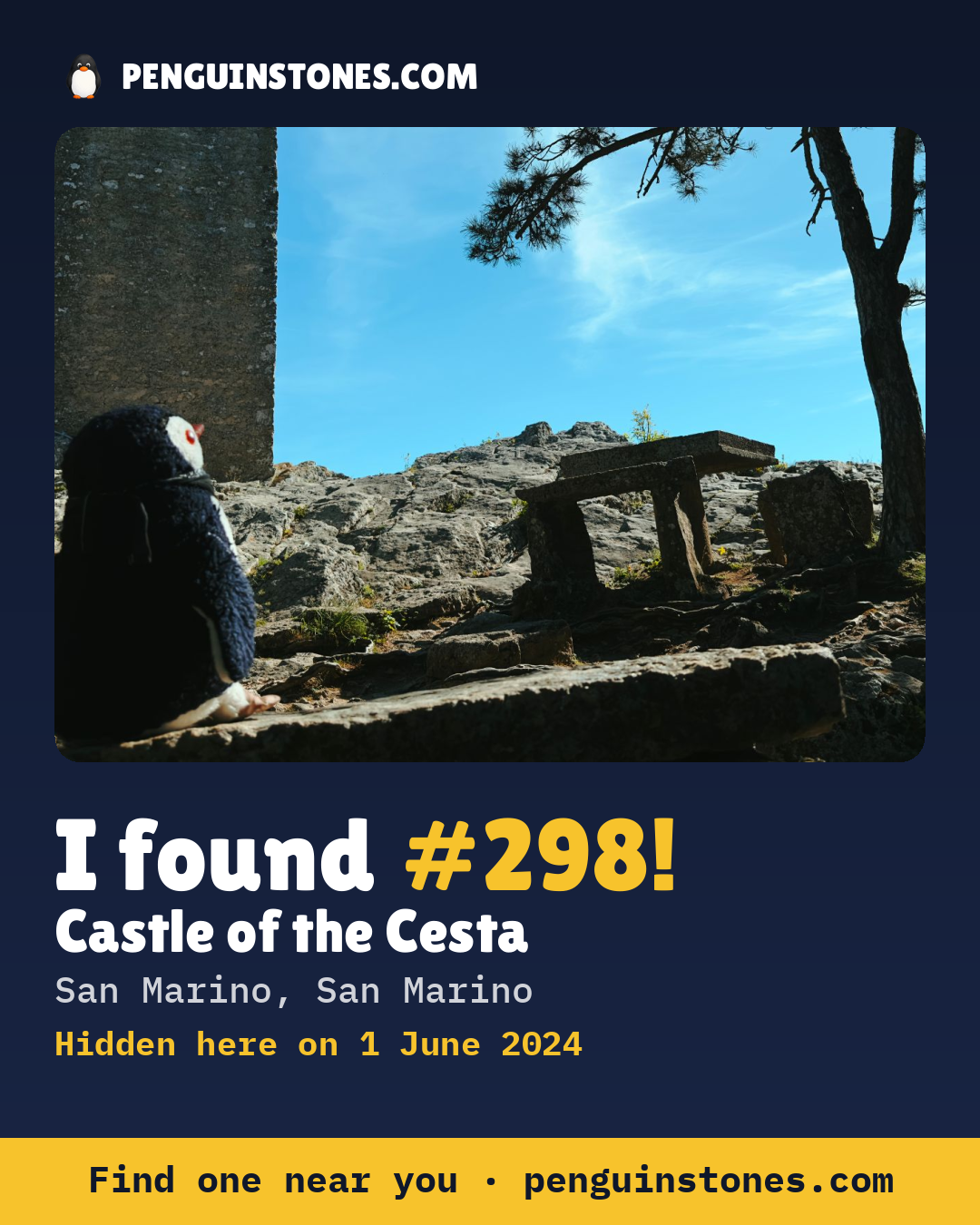 Obrázok s nápisom „I found #298“: fotka kameňa, kde je a ako ďaleko docestoval