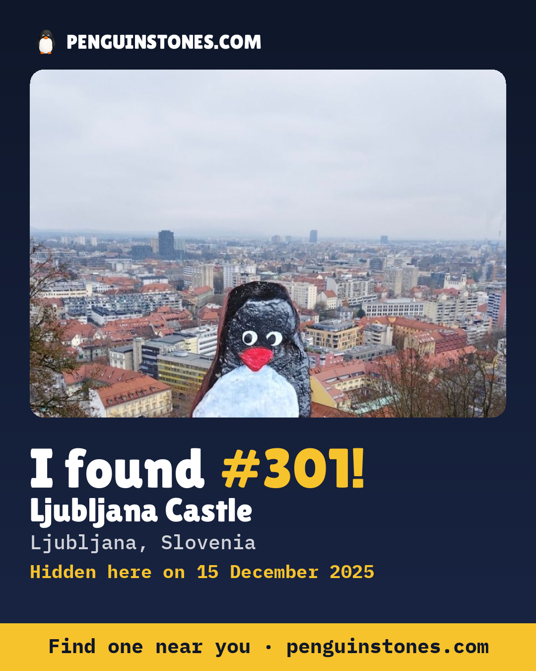 Obrázok s nápisom „I found #301“: fotka kameňa, kde je a ako ďaleko docestoval