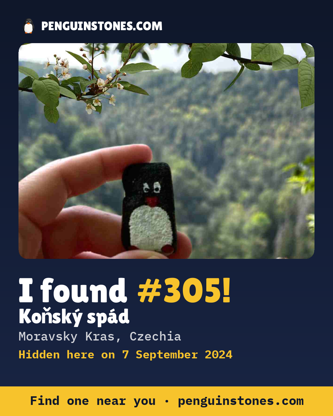 Obrázok s nápisom „I found #305“: fotka kameňa, kde je a ako ďaleko docestoval