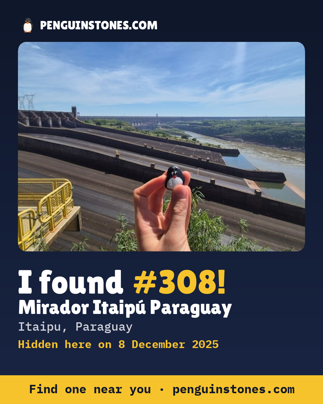 Obrázok s nápisom „I found #308“: fotka kameňa, kde je a ako ďaleko docestoval