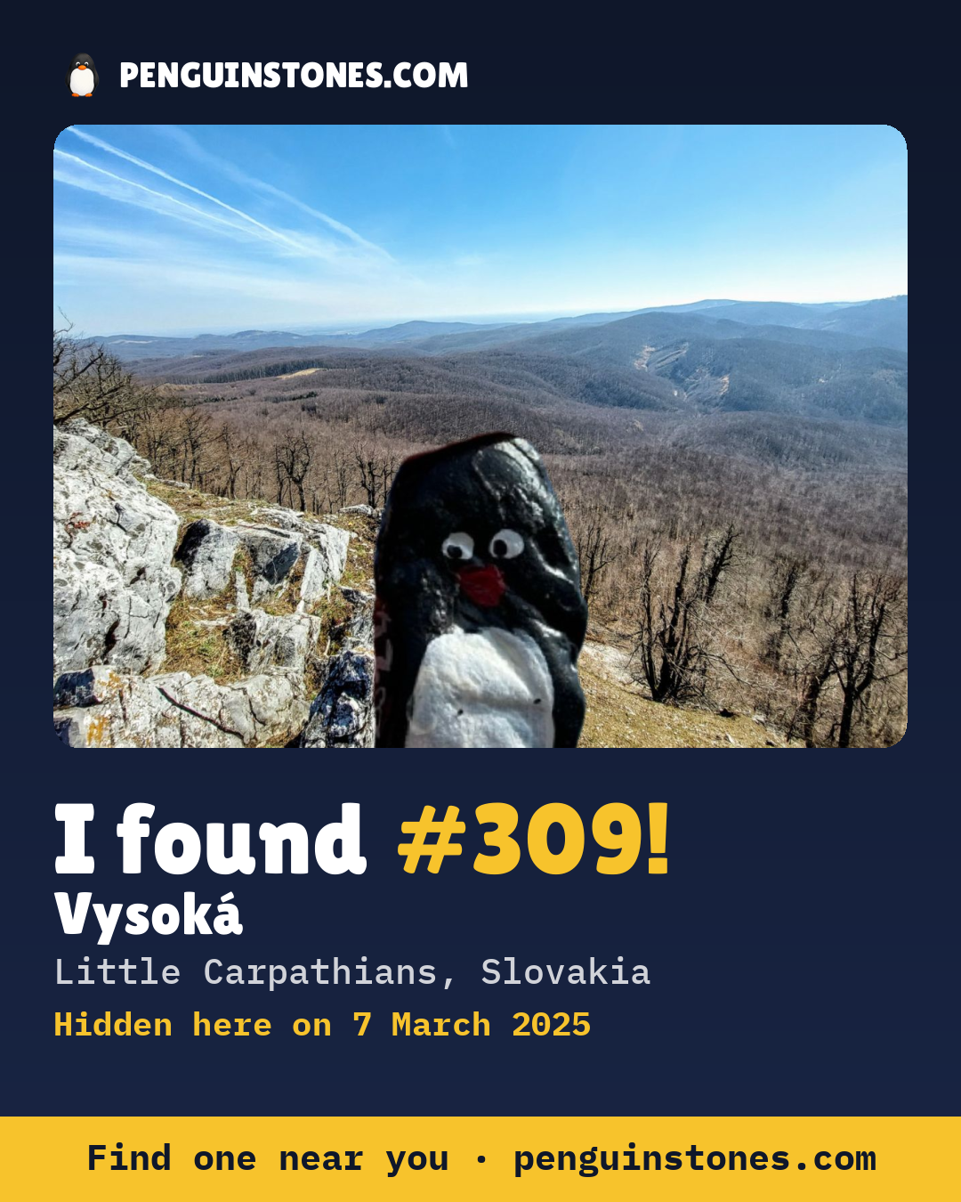 Obrázok s nápisom „I found #309“: fotka kameňa, kde je a ako ďaleko docestoval