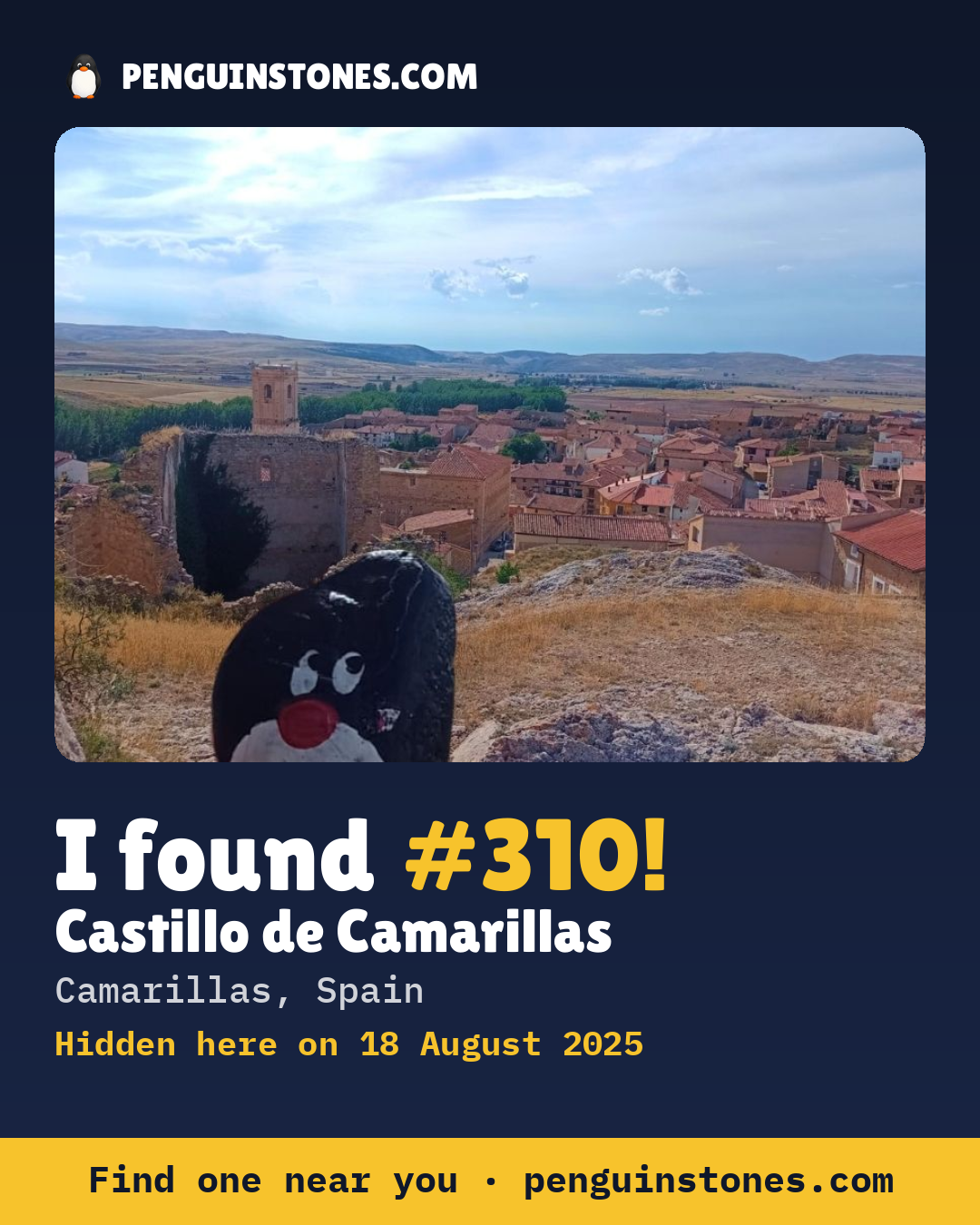Obrázok s nápisom „I found #310“: fotka kameňa, kde je a ako ďaleko docestoval