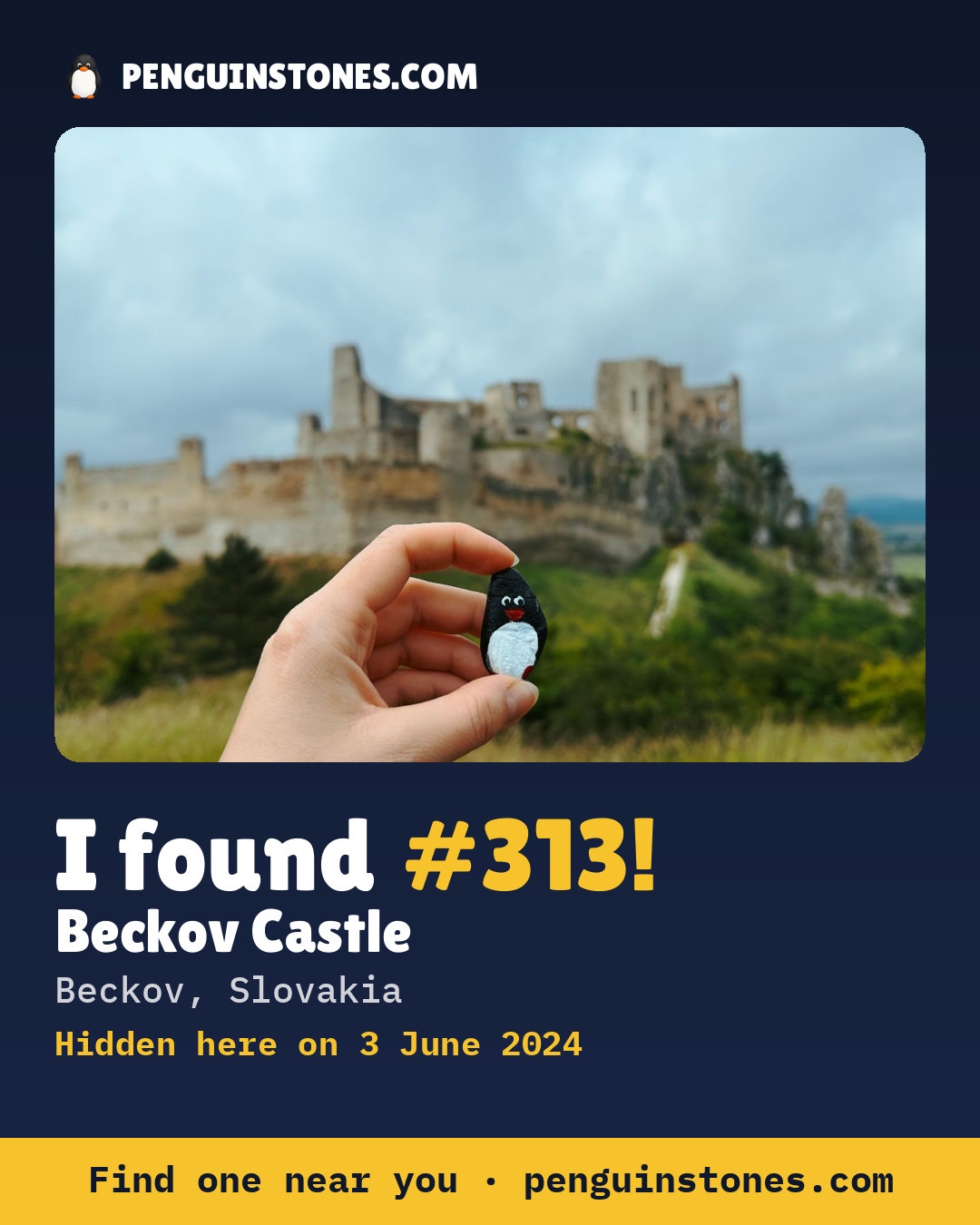 Obrázok s nápisom „I found #313“: fotka kameňa, kde je a ako ďaleko docestoval