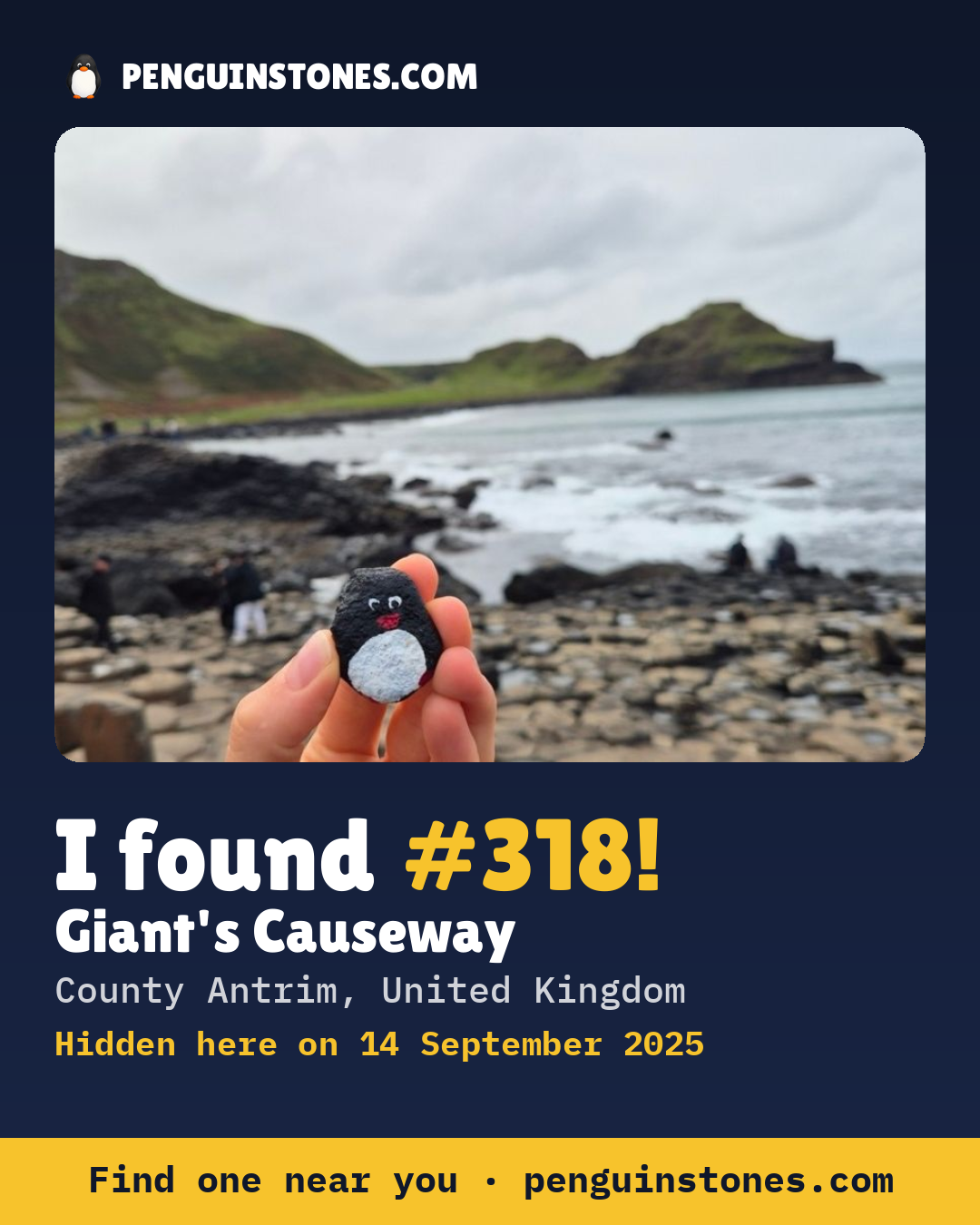 Obrázok s nápisom „I found #318“: fotka kameňa, kde je a ako ďaleko docestoval