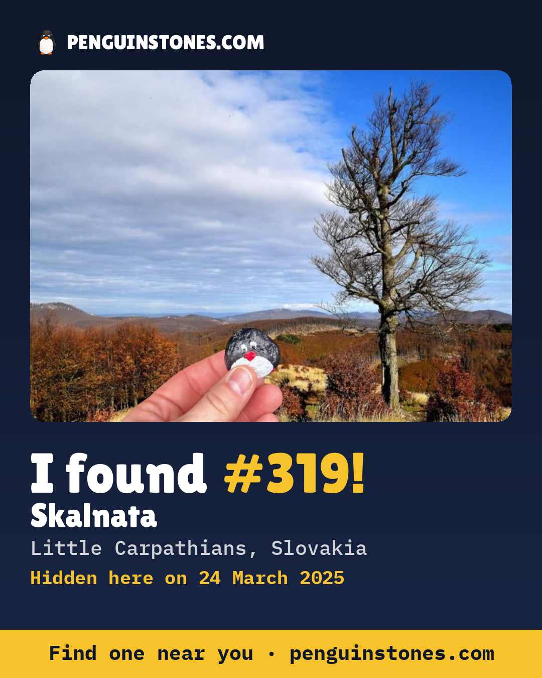 Obrázok s nápisom „I found #319“: fotka kameňa, kde je a ako ďaleko docestoval