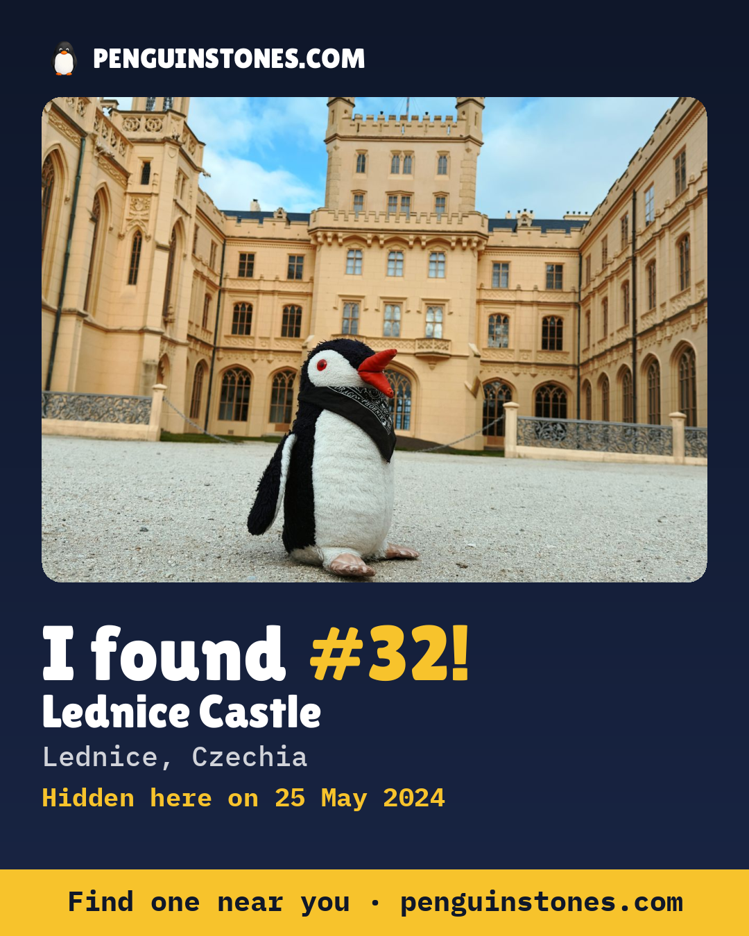 Obrázok s nápisom „I found #32“: fotka kameňa, kde je a ako ďaleko docestoval