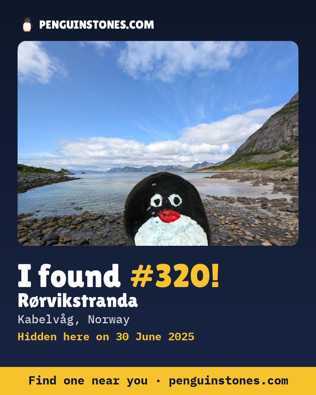 Obrázok s nápisom „I found #320“: fotka kameňa, kde je a ako ďaleko docestoval