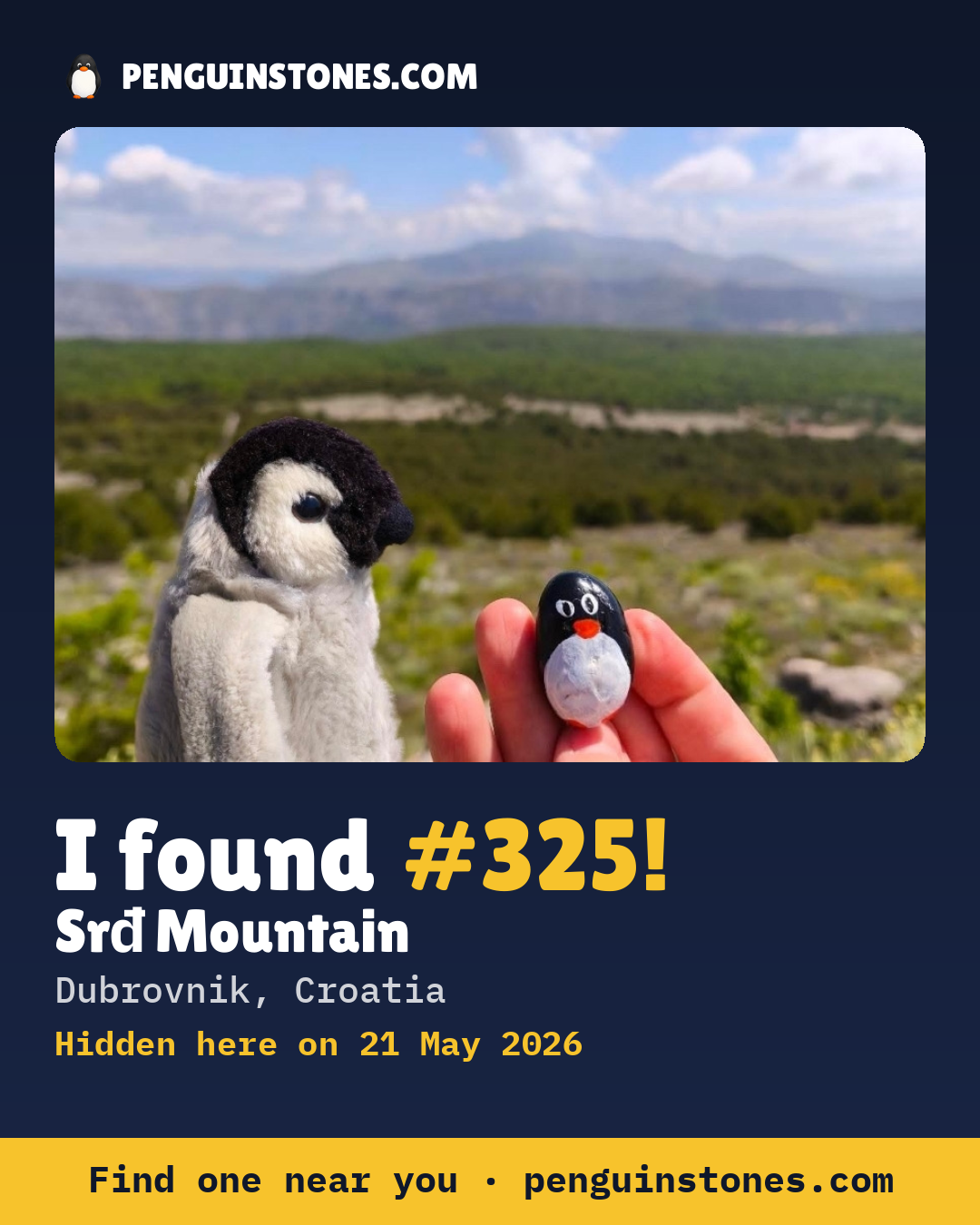 Obrázok s nápisom „I found #325“: fotka kameňa, kde je a ako ďaleko docestoval